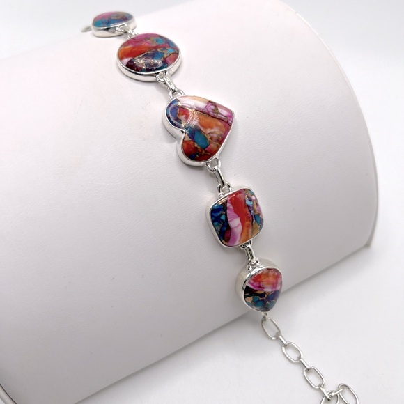 Pink Oyster Turquoise .925 Sterling Silver Bracelet - Picture 3 of 17